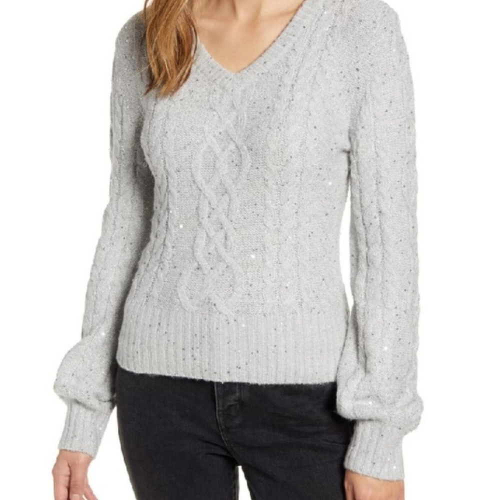 Rachel Parcell sequin cable knit puff sleeve sweater